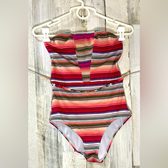 Victoria Secret One Piece Strapless Belted Swim Suit Striped Sheer panels Small - Picture 2 of 14
